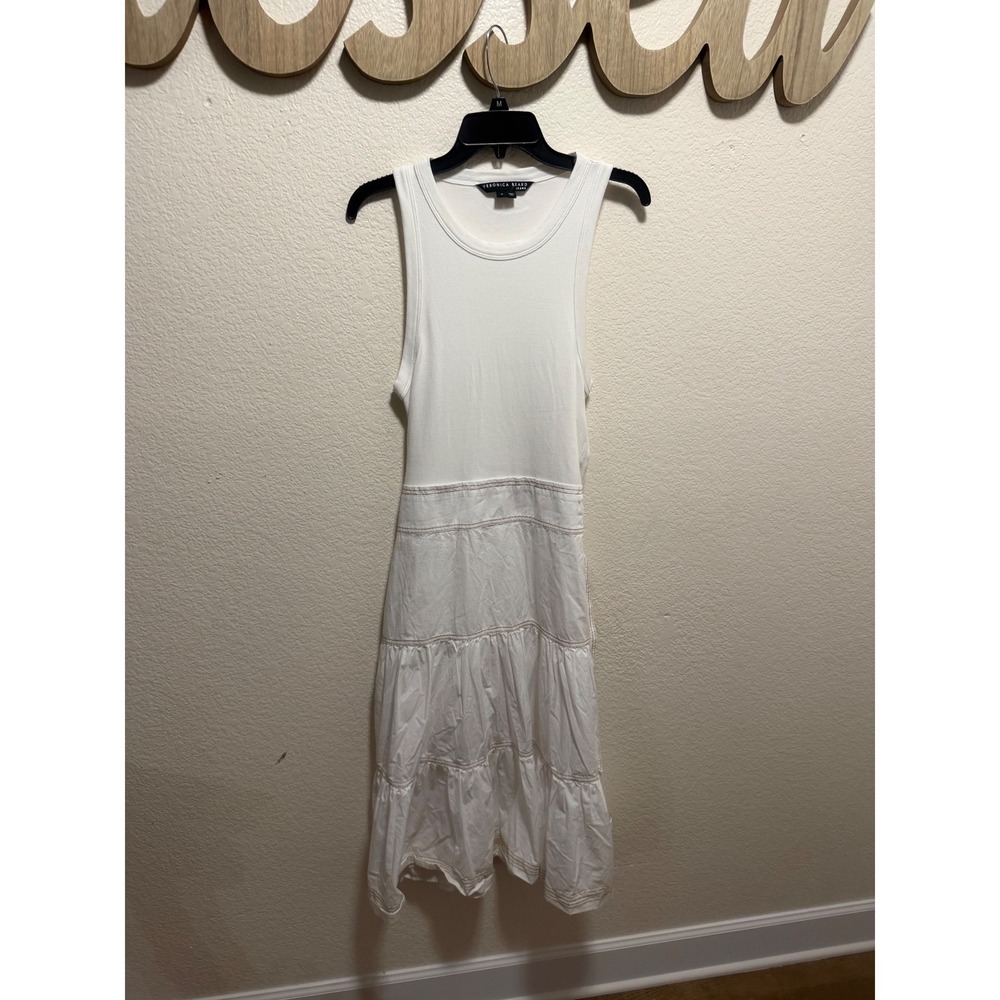 Veronica Beard Jeans Womens White Ribbed Tiered Mixed Media Midi Dress Medium